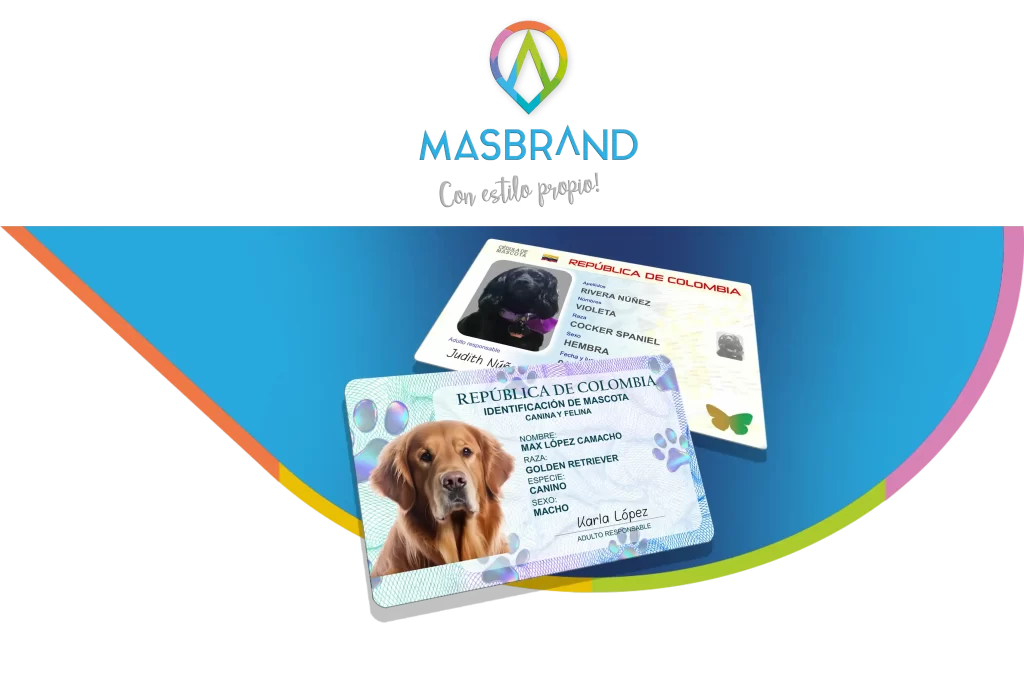 Tarjetas de identificación para mascotas estilo cédula colombiana, personalizadas con foto, nombre, raza, sexo y nombre del dueño. Diseño colorido con elementos gráficos como mariposas. Ideal para perros y gatos, con presentación visual atractiva y emocional.